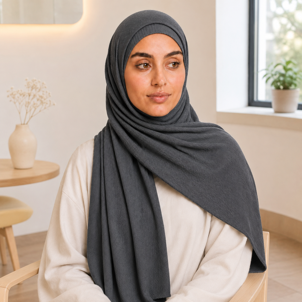 RY234 Charcoal Grey Cotton Ribbed Jersey Hijab Scarf – Soft Stretch Breathable Headscarf