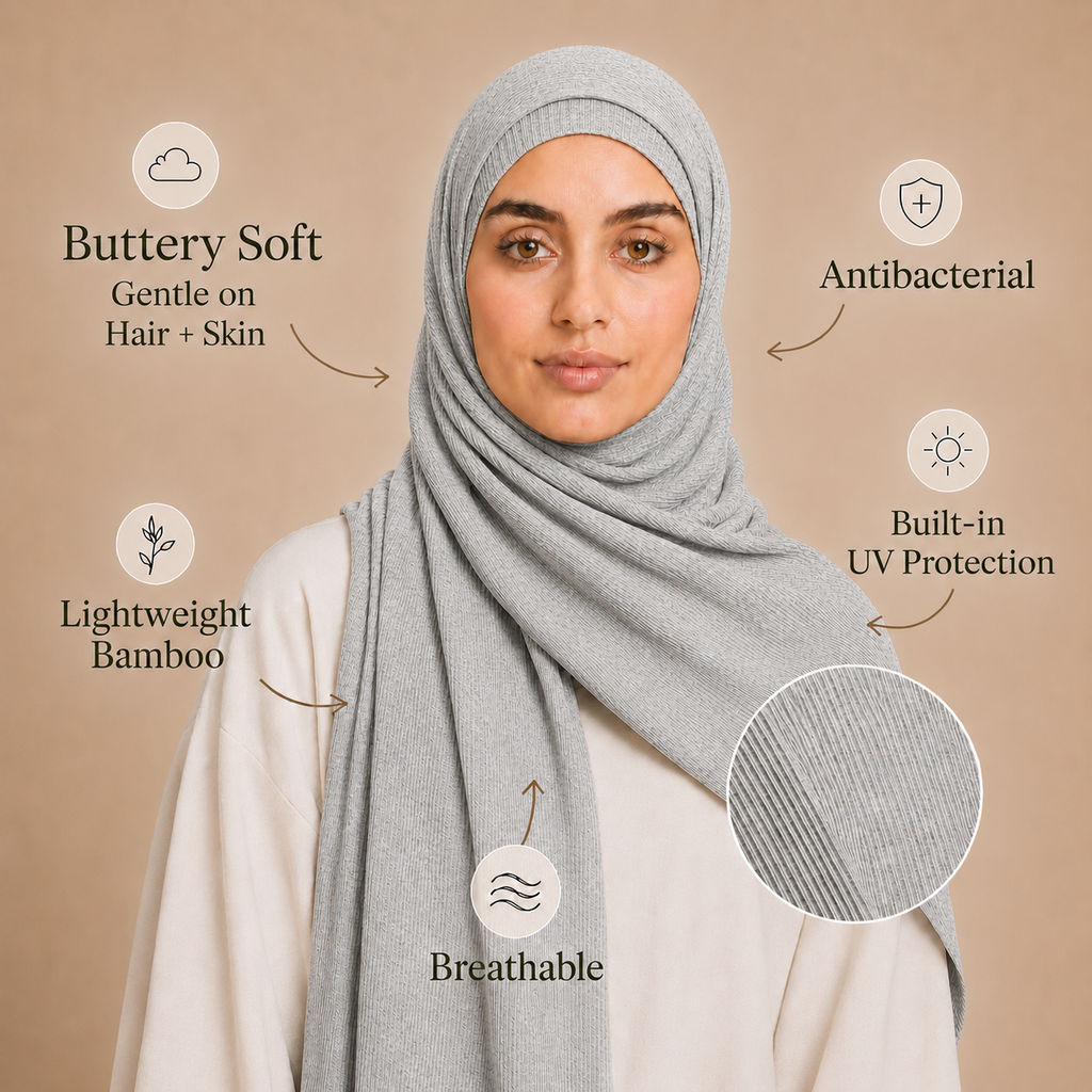 RY235 Light Heather Grey Cotton Ribbed Jersey Hijab Scarf – Soft Stretch Breathable Headscarf