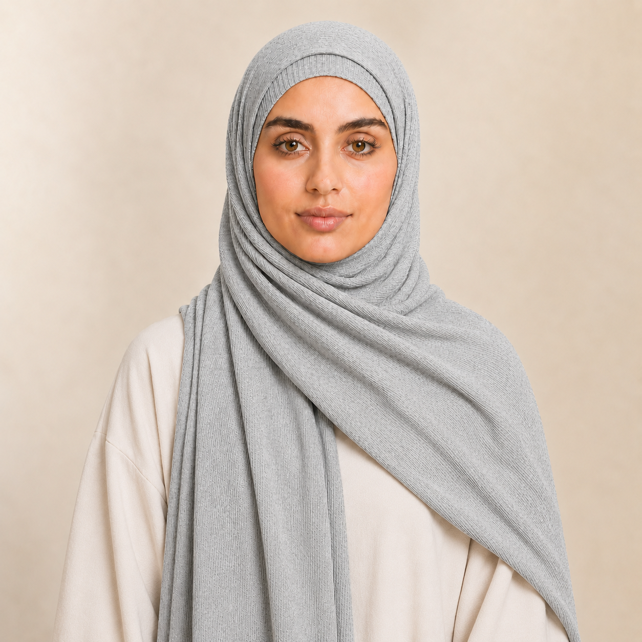 RY235 Light Heather Grey Cotton Ribbed Jersey Hijab Scarf – Soft Stretch Breathable Headscarf