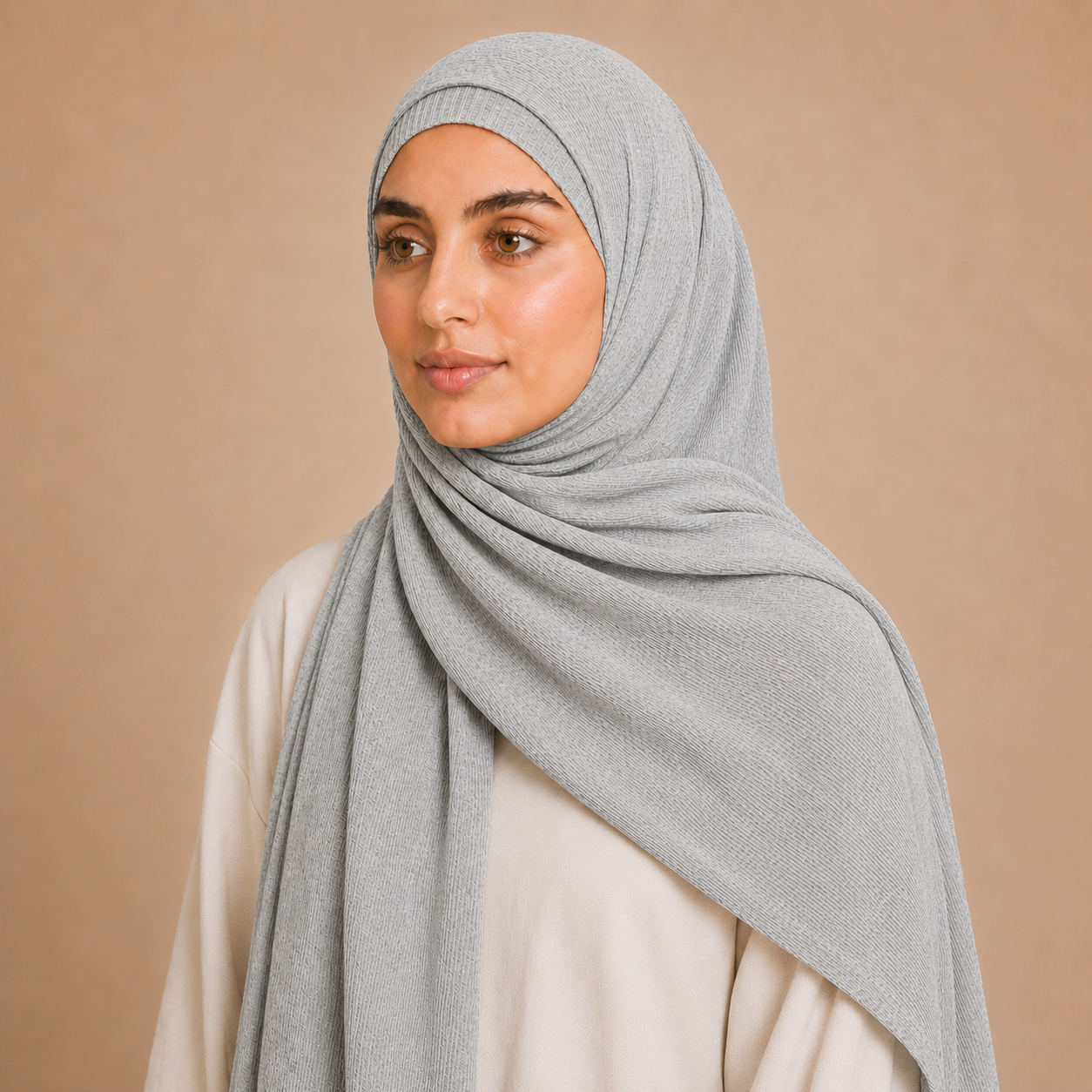 RY235 Light Heather Grey Cotton Ribbed Jersey Hijab Scarf – Soft Stretch Breathable Headscarf