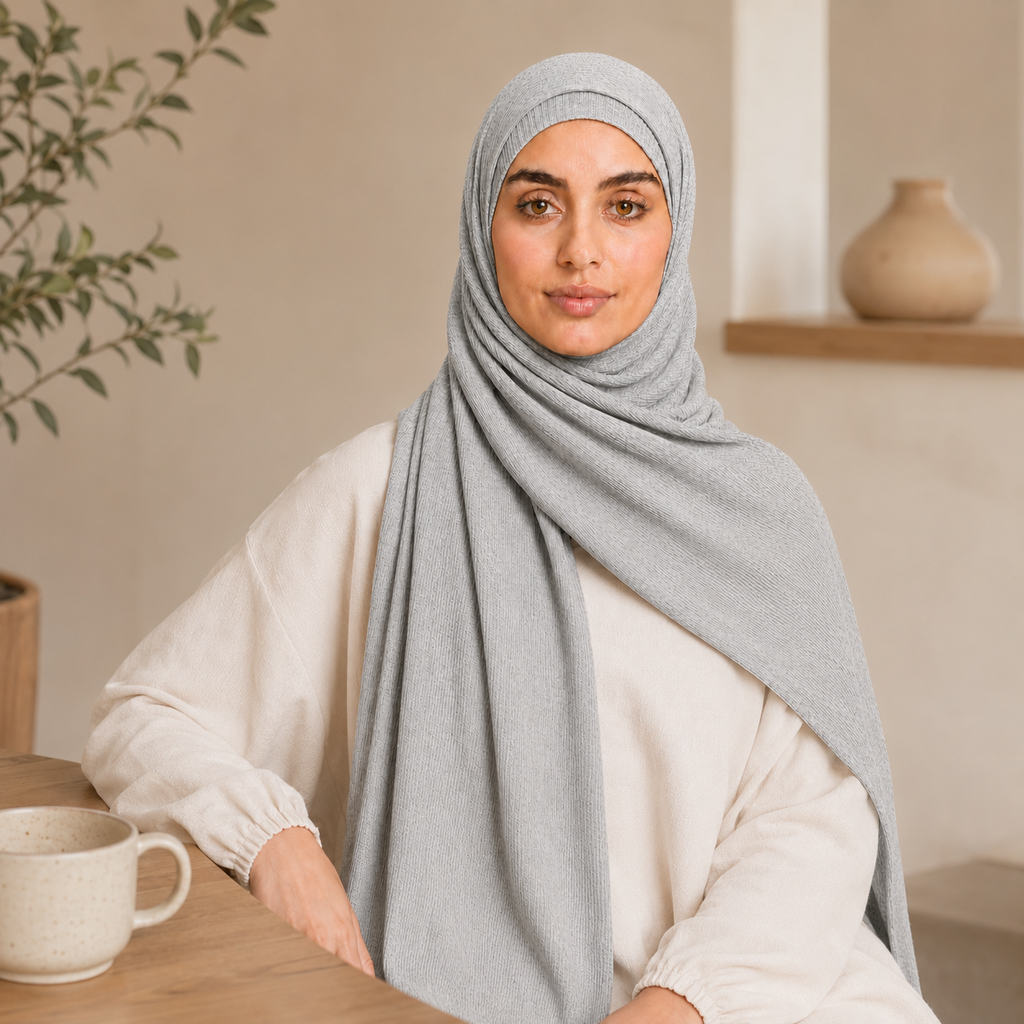 RY235 Light Heather Grey Cotton Ribbed Jersey Hijab Scarf – Soft Stretch Breathable Headscarf