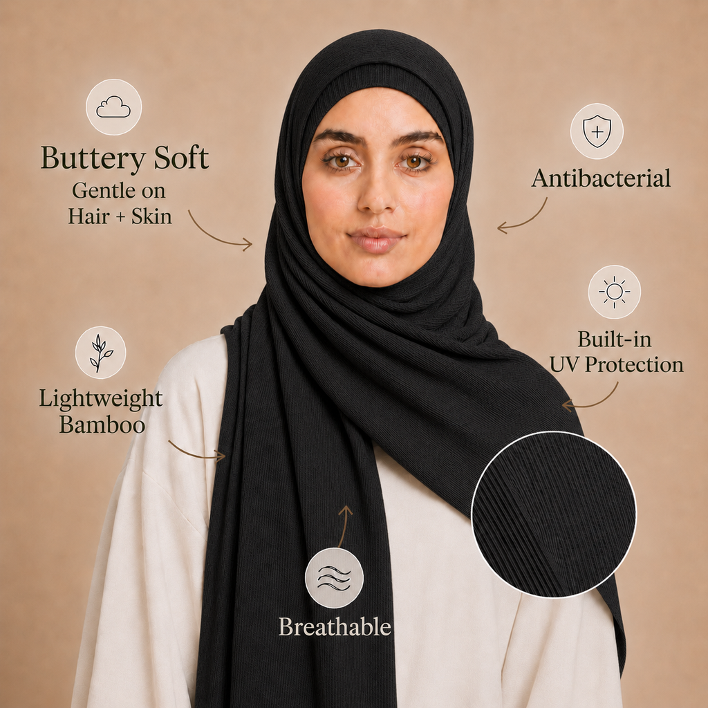 RY236 Black Cotton Ribbed Jersey Hijab Scarf – Soft Stretch Breathable Headscarf