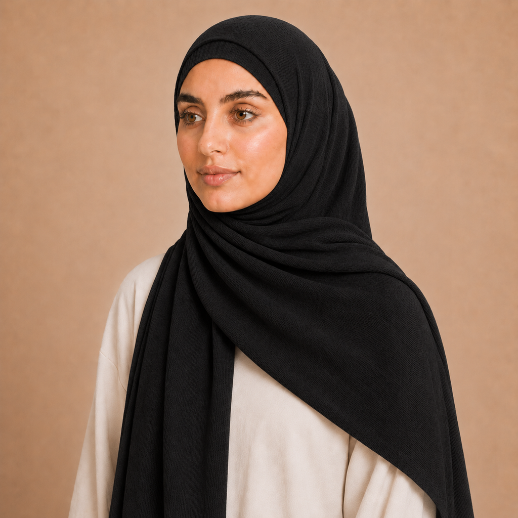 RY236 Black Cotton Ribbed Jersey Hijab Scarf – Soft Stretch Breathable Headscarf