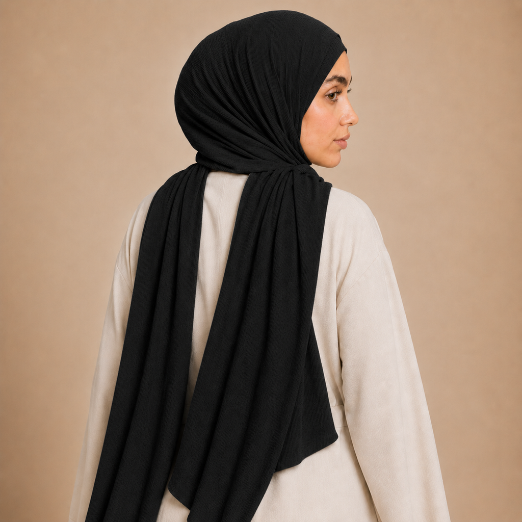 RY236 Black Cotton Ribbed Jersey Hijab Scarf – Soft Stretch Breathable Headscarf
