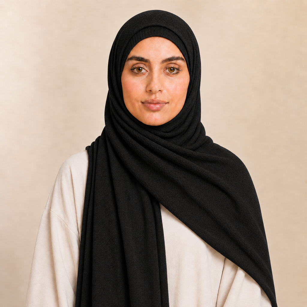 RY236 Black Cotton Ribbed Jersey Hijab Scarf – Soft Stretch Breathable Headscarf