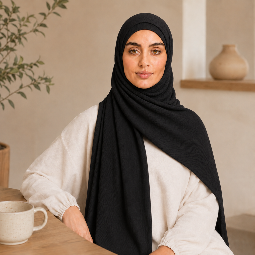 RY236 Black Cotton Ribbed Jersey Hijab Scarf – Soft Stretch Breathable Headscarf