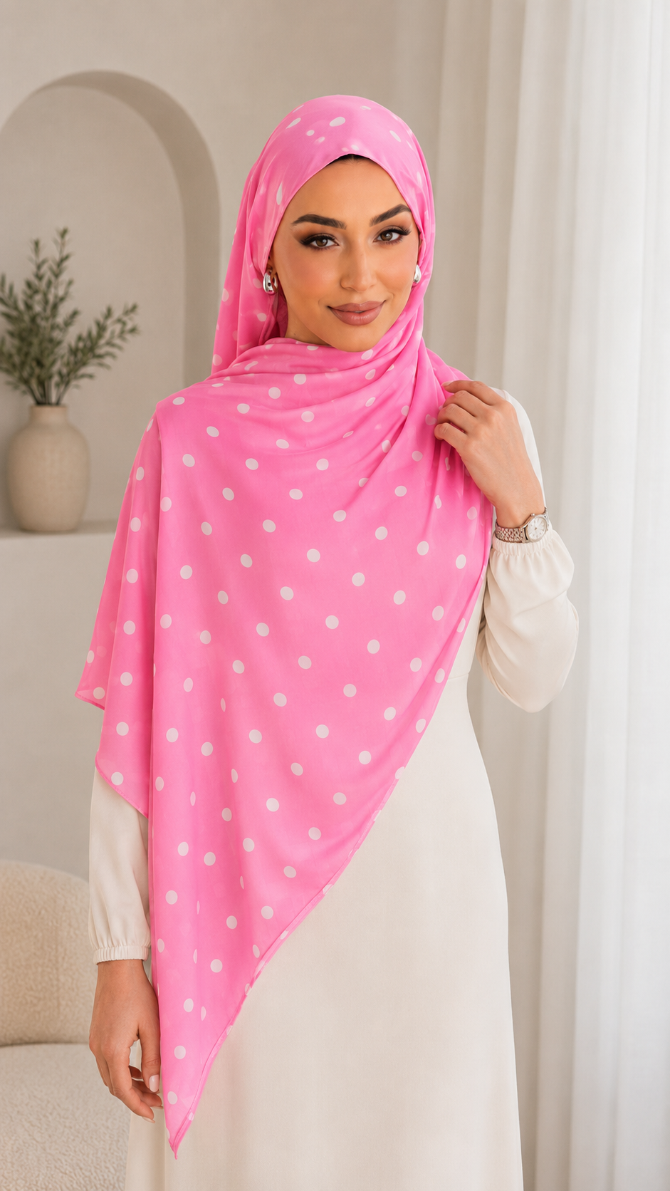 RY239 Hot Pink Polka Dot Cotton Jersey Hijab Scarf – Soft Stretch Breathable Headscarf