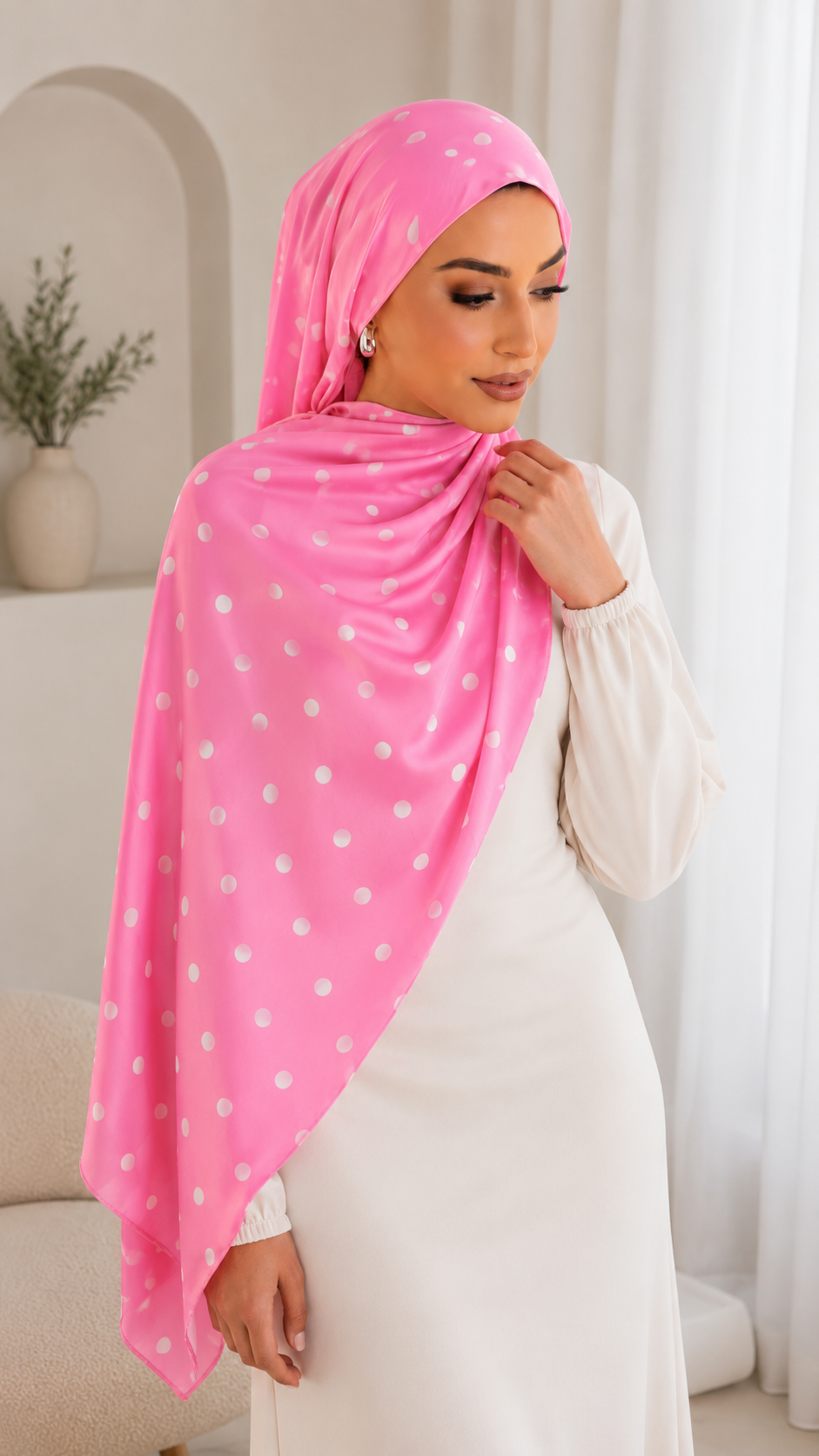 RY239 Hot Pink Polka Dot Cotton Jersey Hijab Scarf – Soft Stretch Breathable Headscarf