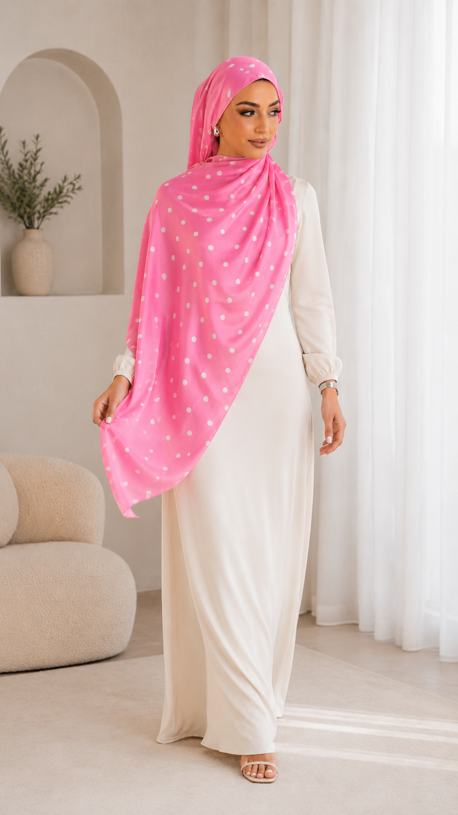 RY239 Hot Pink Polka Dot Cotton Jersey Hijab Scarf – Soft Stretch Breathable Headscarf