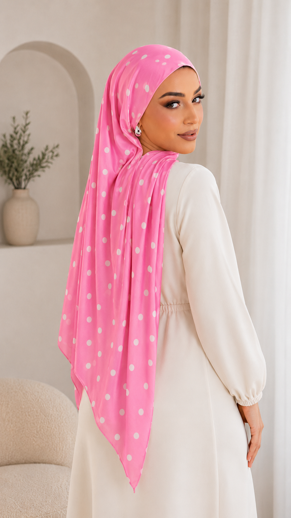 RY239 Hot Pink Polka Dot Cotton Jersey Hijab Scarf – Soft Stretch Breathable Headscarf