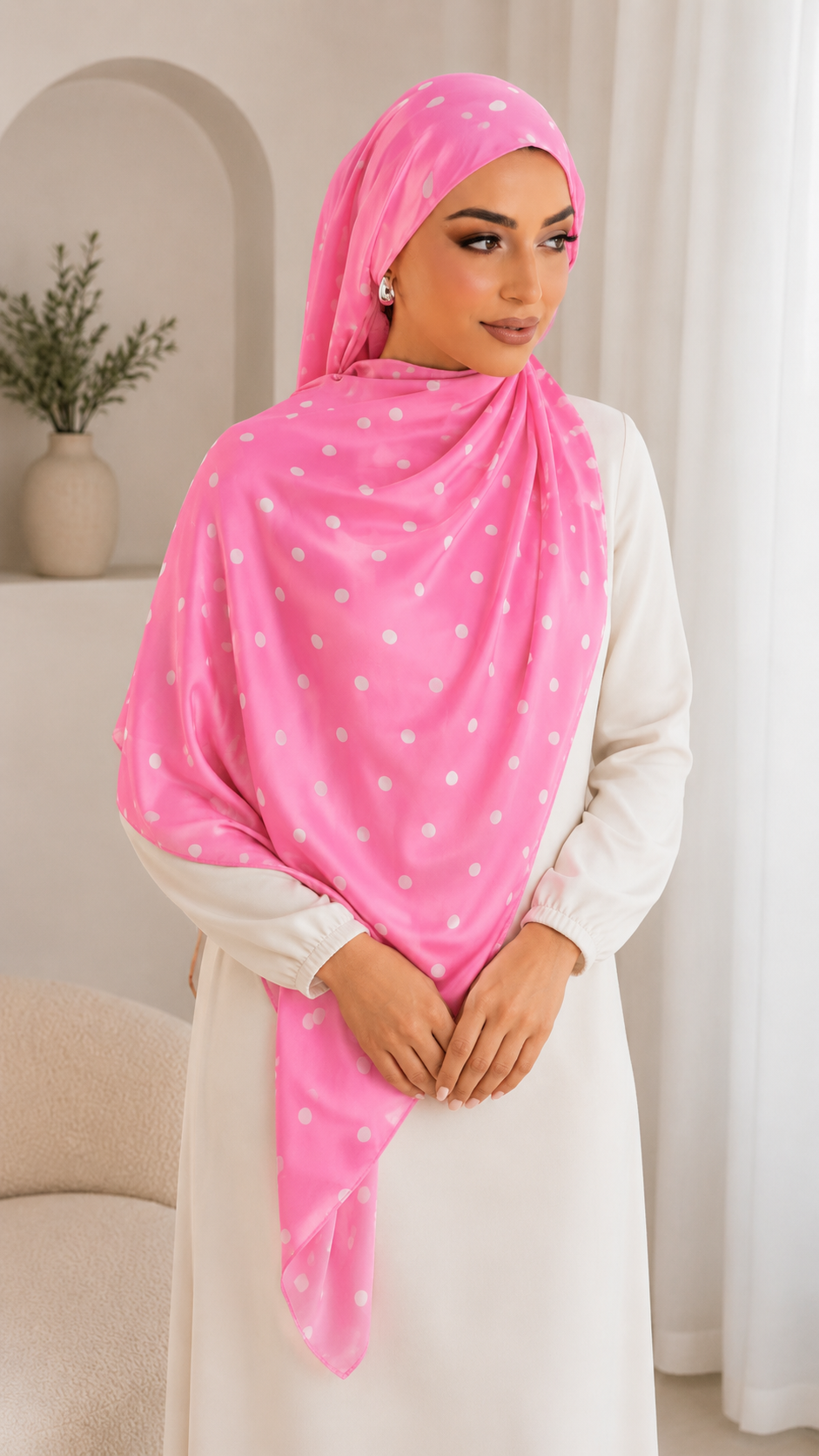RY239 Hot Pink Polka Dot Cotton Jersey Hijab Scarf – Soft Stretch Breathable Headscarf