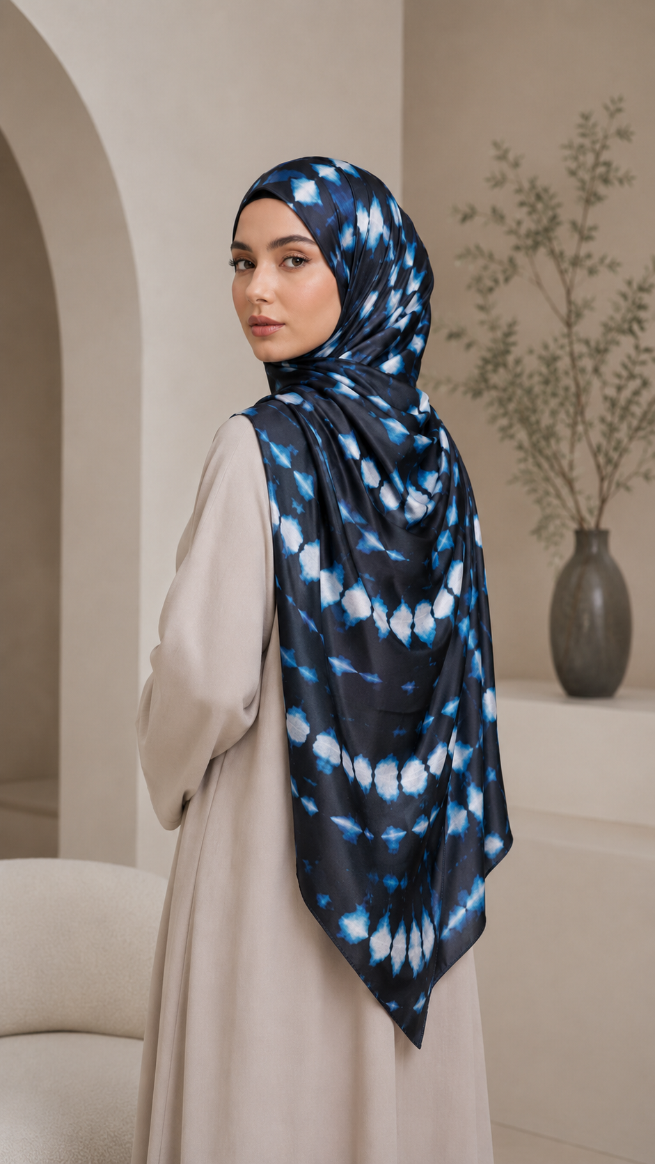 RY240 Black Blue Tie-Dye Liquid Jersey Hijab Scarf – Lightweight Stretch Drape Headscarf
