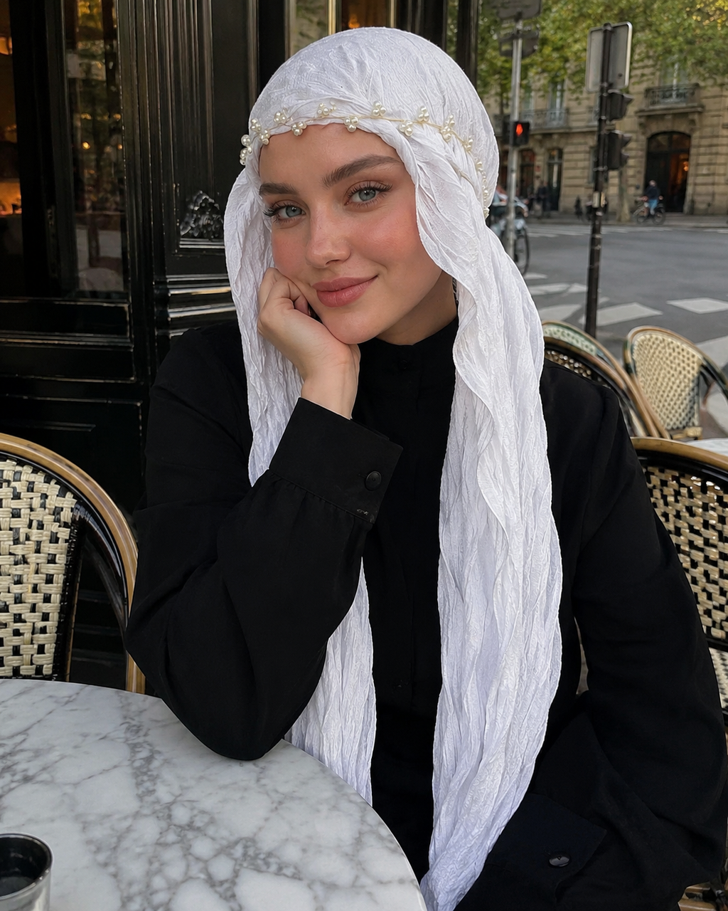 RY304 Pure White Crinkled Tulle Hijab Scarf – Glossy Stretch Breathable Headscarf