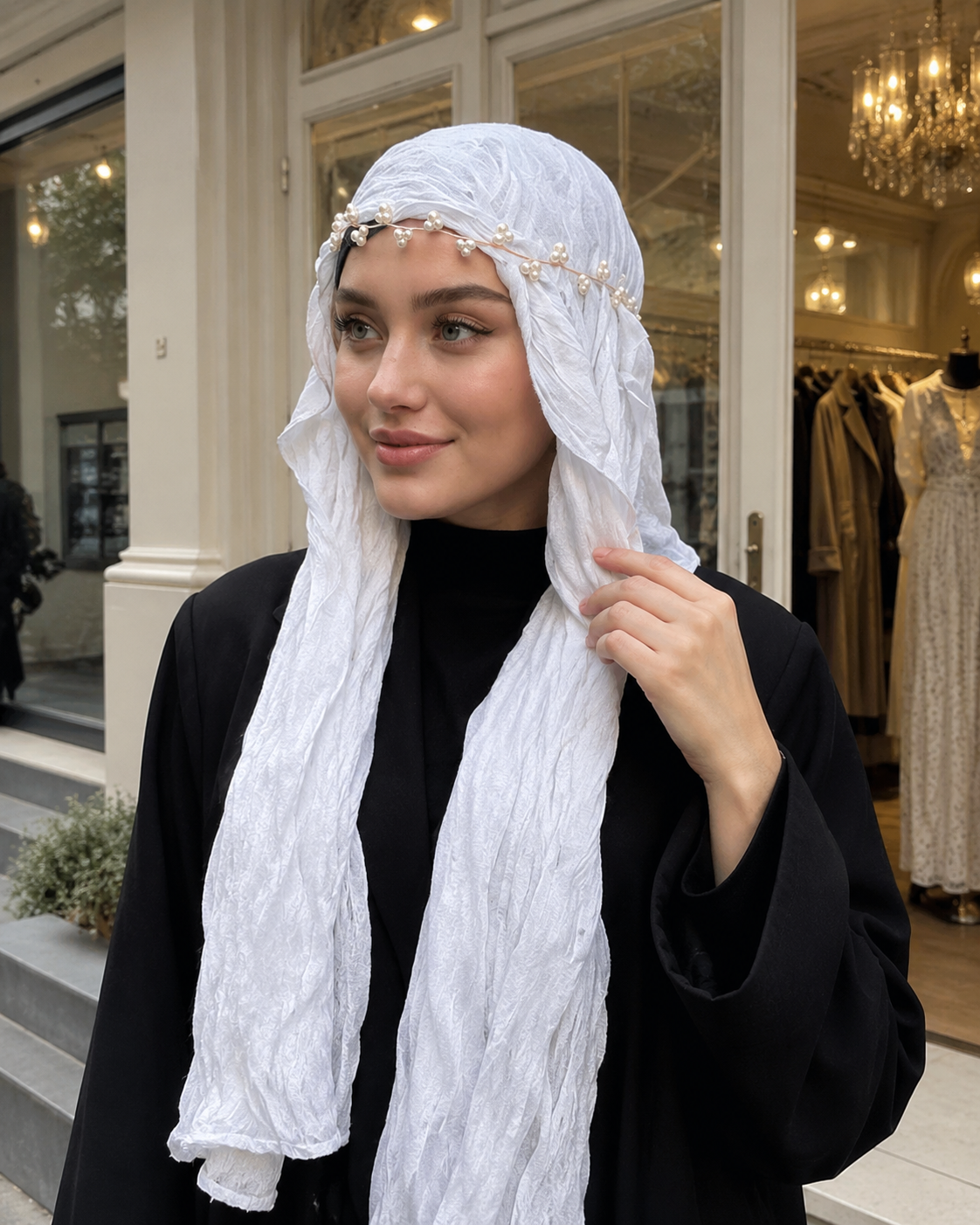 RY304 Pure White Crinkled Tulle Hijab Scarf – Glossy Stretch Breathable Headscarf