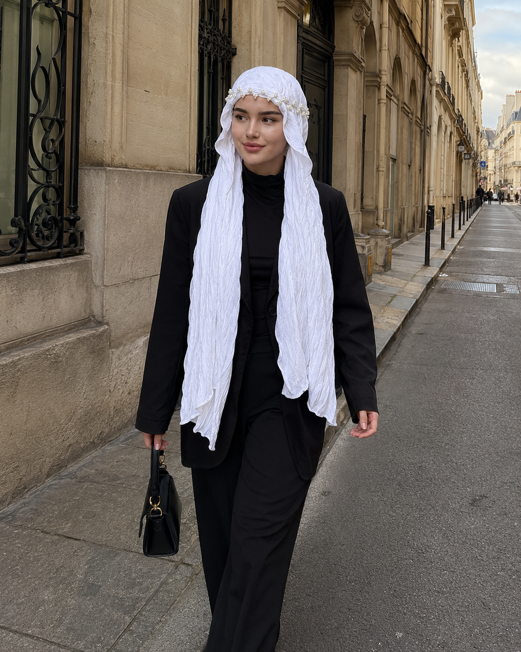 RY304 Pure White Crinkled Tulle Hijab Scarf – Glossy Stretch Breathable Headscarf
