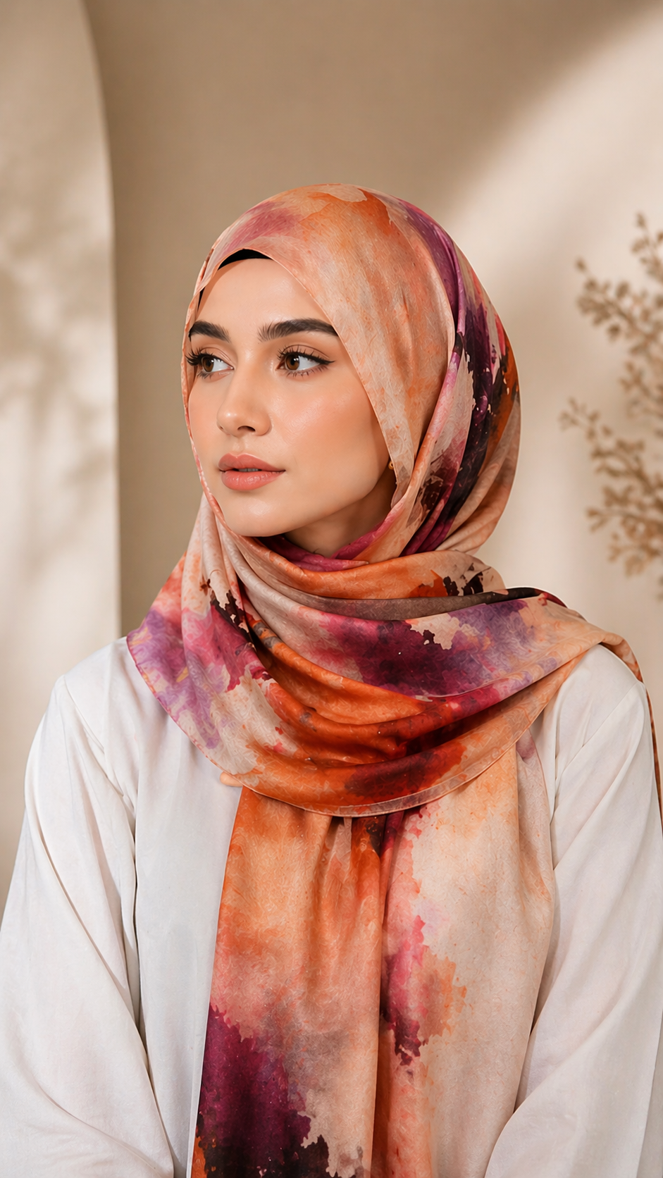 RY01 Watercolor Print Satin Hijab Shawl – Ethnic Style Women's Head Scarf (80×180cm)