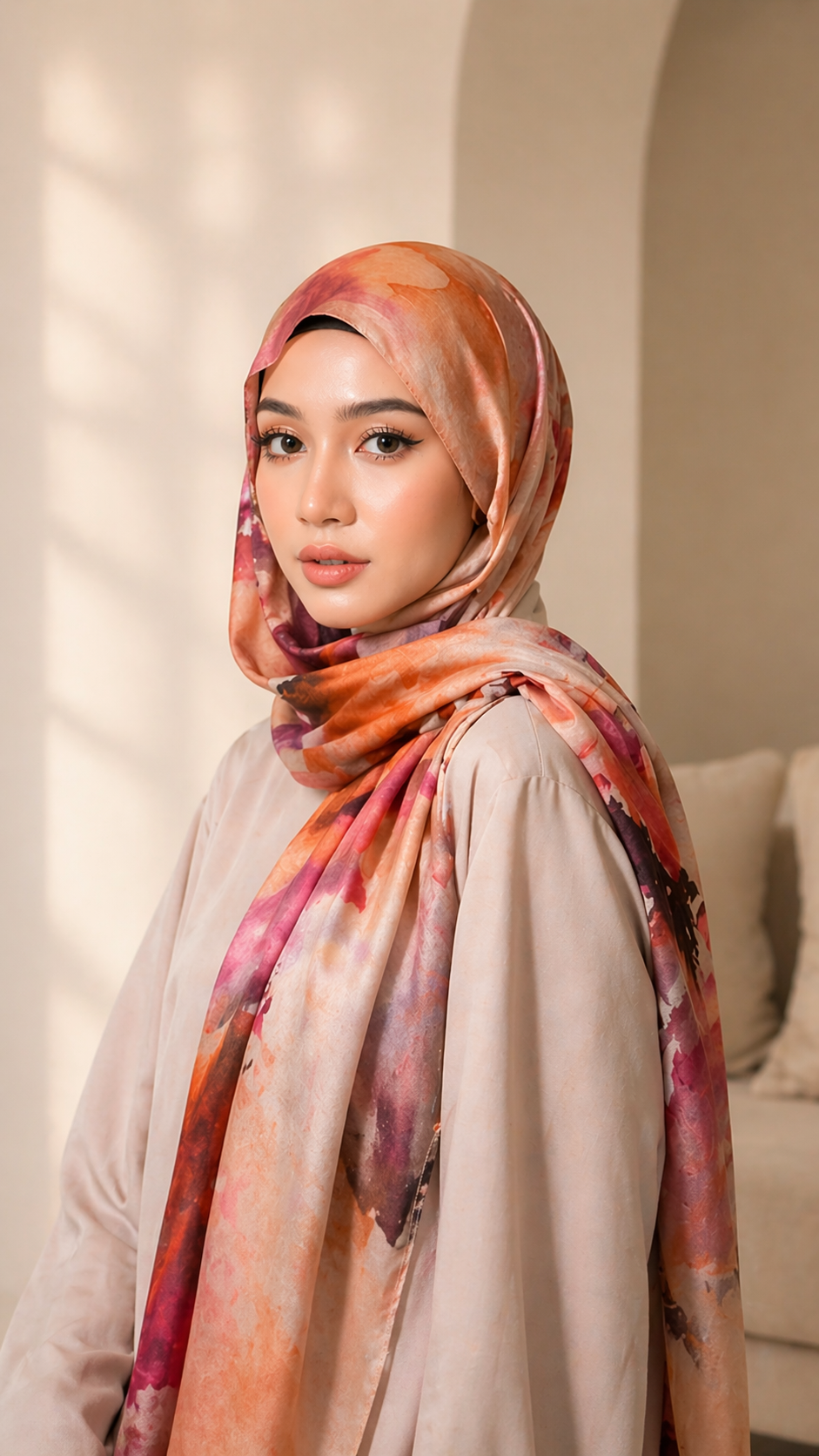 RY01 Watercolor Print Satin Hijab Shawl – Ethnic Style Women's Head Scarf (80×180cm)