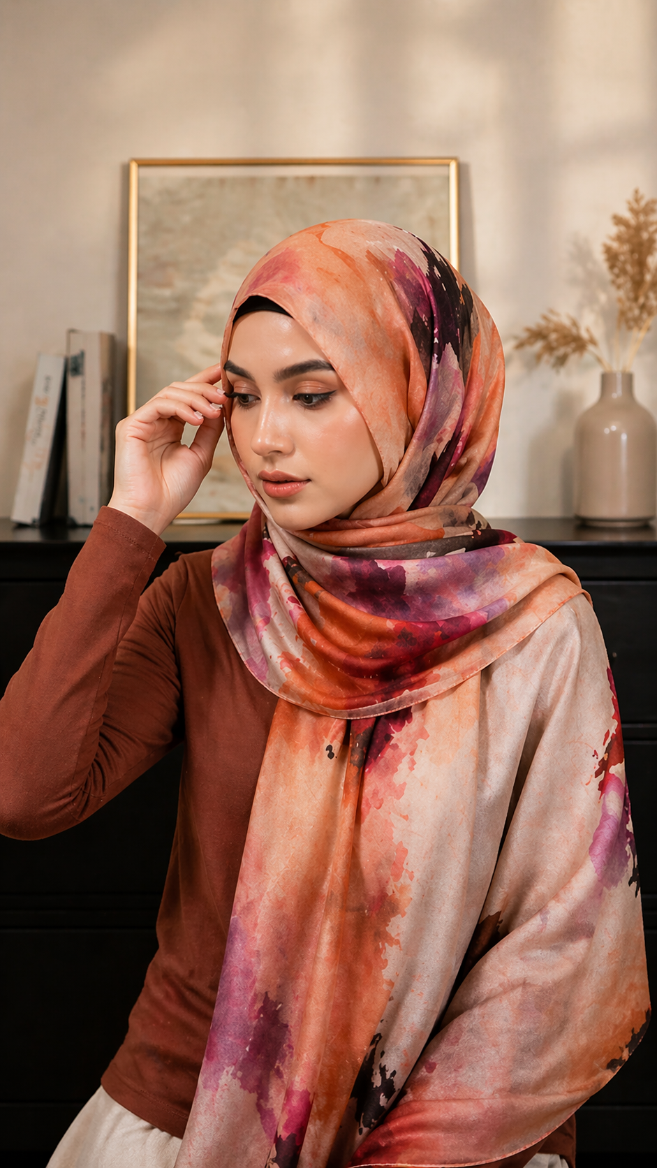 RY01 Watercolor Print Satin Hijab Shawl – Ethnic Style Women's Head Scarf (80×180cm)
