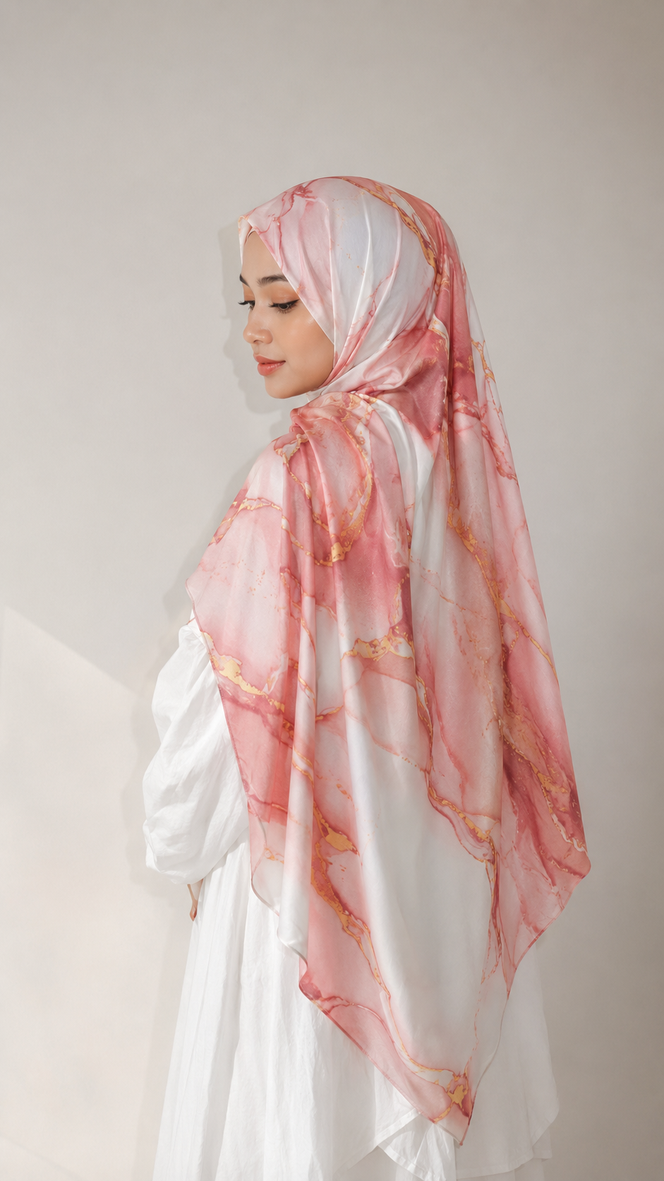 RY218 Coral Rose Marble Printed Liquid Jersey Hijab – Soft Premium Drape Scarf