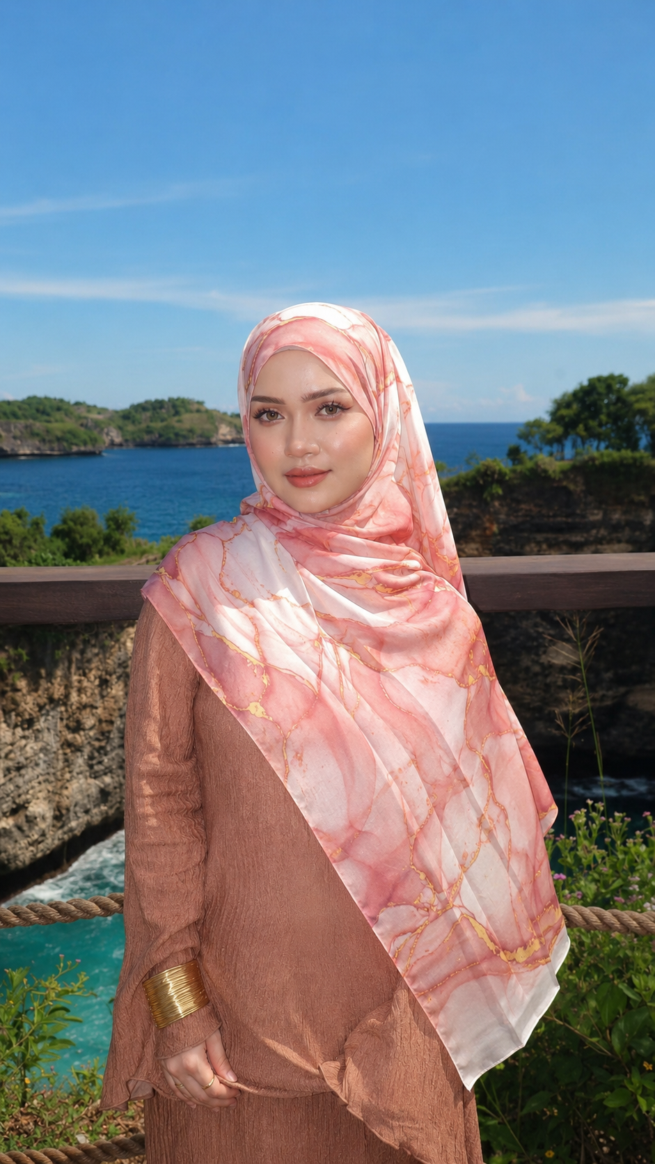 RY218 Coral Rose Marble Printed Liquid Jersey Hijab – Soft Premium Drape Scarf
