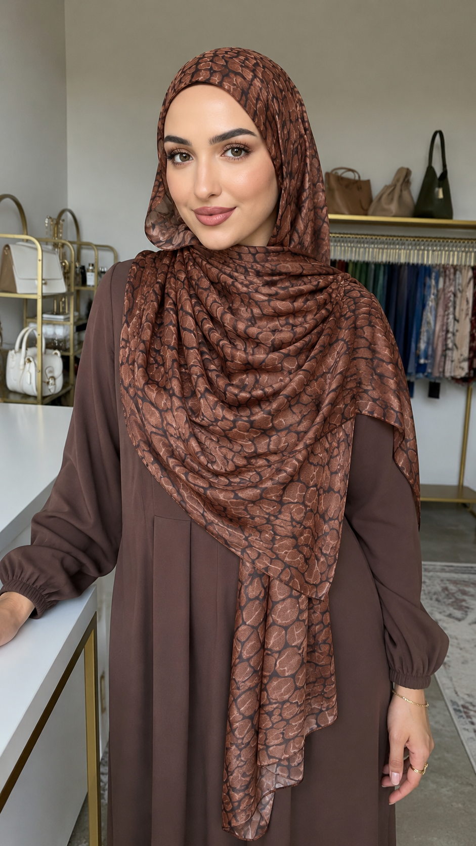 RY219 Mocha Brown Animal Print Liquid Jersey Hijab – Soft Premium Drape Scarf