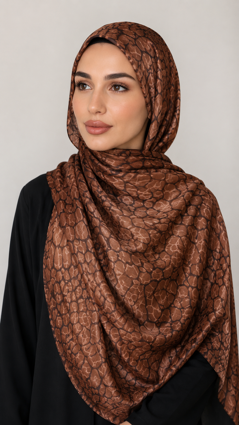 RY219 Mocha Brown Animal Print Liquid Jersey Hijab – Soft Premium Drape Scarf