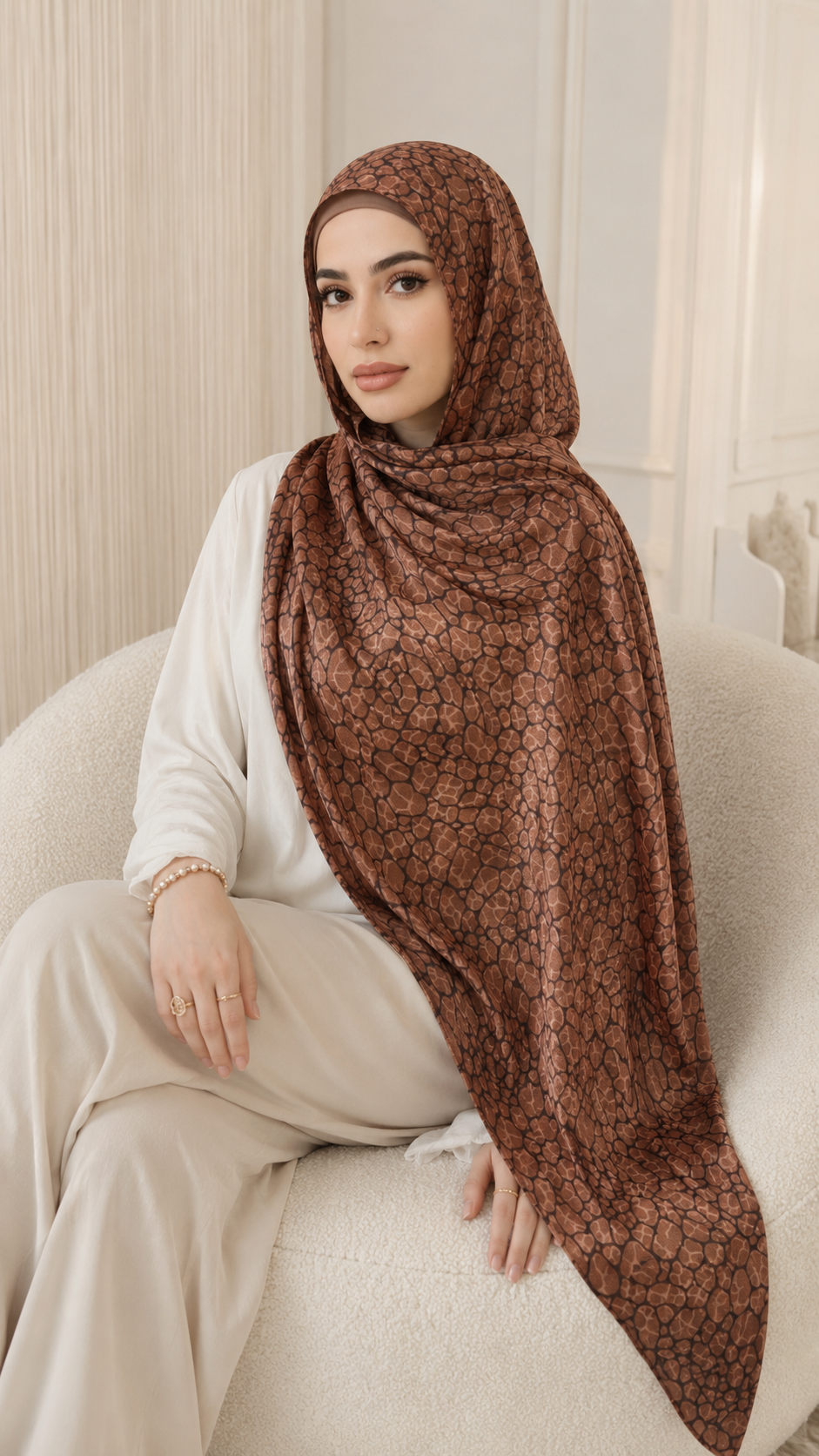 RY219 Mocha Brown Animal Print Liquid Jersey Hijab – Soft Premium Drape Scarf
