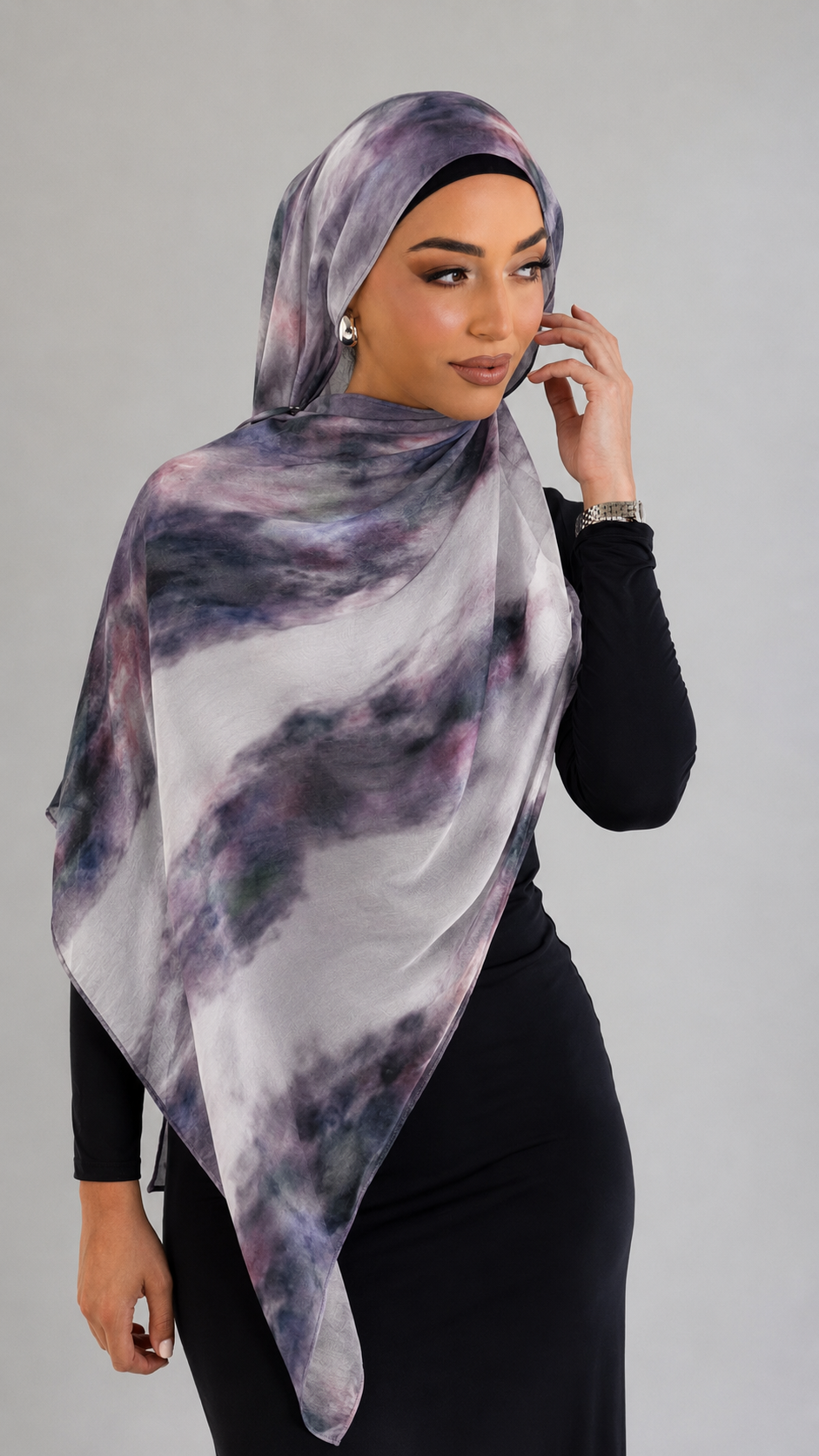 RY220 Smoky Purple Printed Liquid Jersey Hijab – Soft Premium Drape Scarf