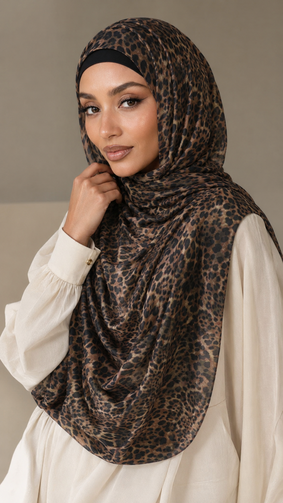 RY222 Brown Leopard Print Liquid Jersey Hijab – Soft Premium Drape Scarf