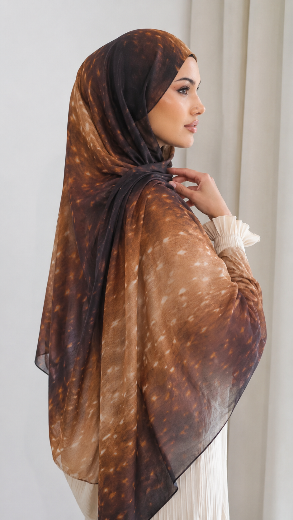 RY225 Amber Mocha Printed Liquid Jersey Hijab – Soft Premium Drape Scarf