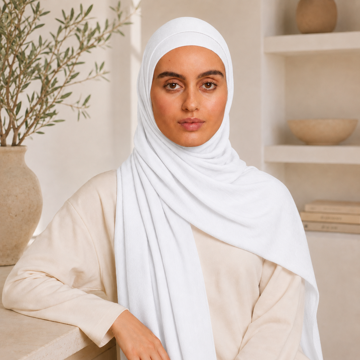 RY216 White Bamboo Jersey Ribbed Hijab Scarf – Soft Stretch Breathable Headscarf