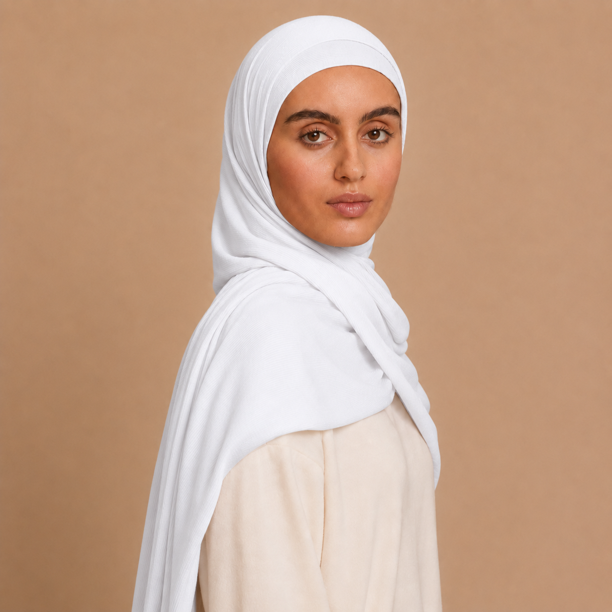 RY216 White Bamboo Jersey Ribbed Hijab Scarf – Soft Stretch Breathable Headscarf