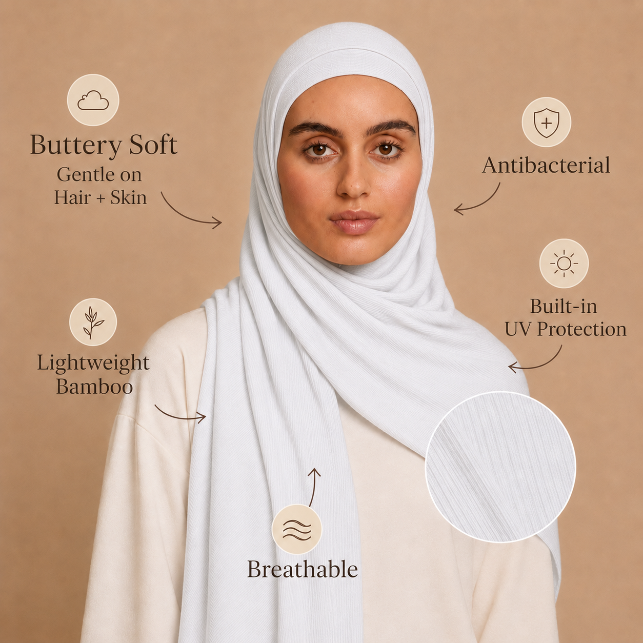 RY216 White Bamboo Jersey Ribbed Hijab Scarf – Soft Stretch Breathable Headscarf