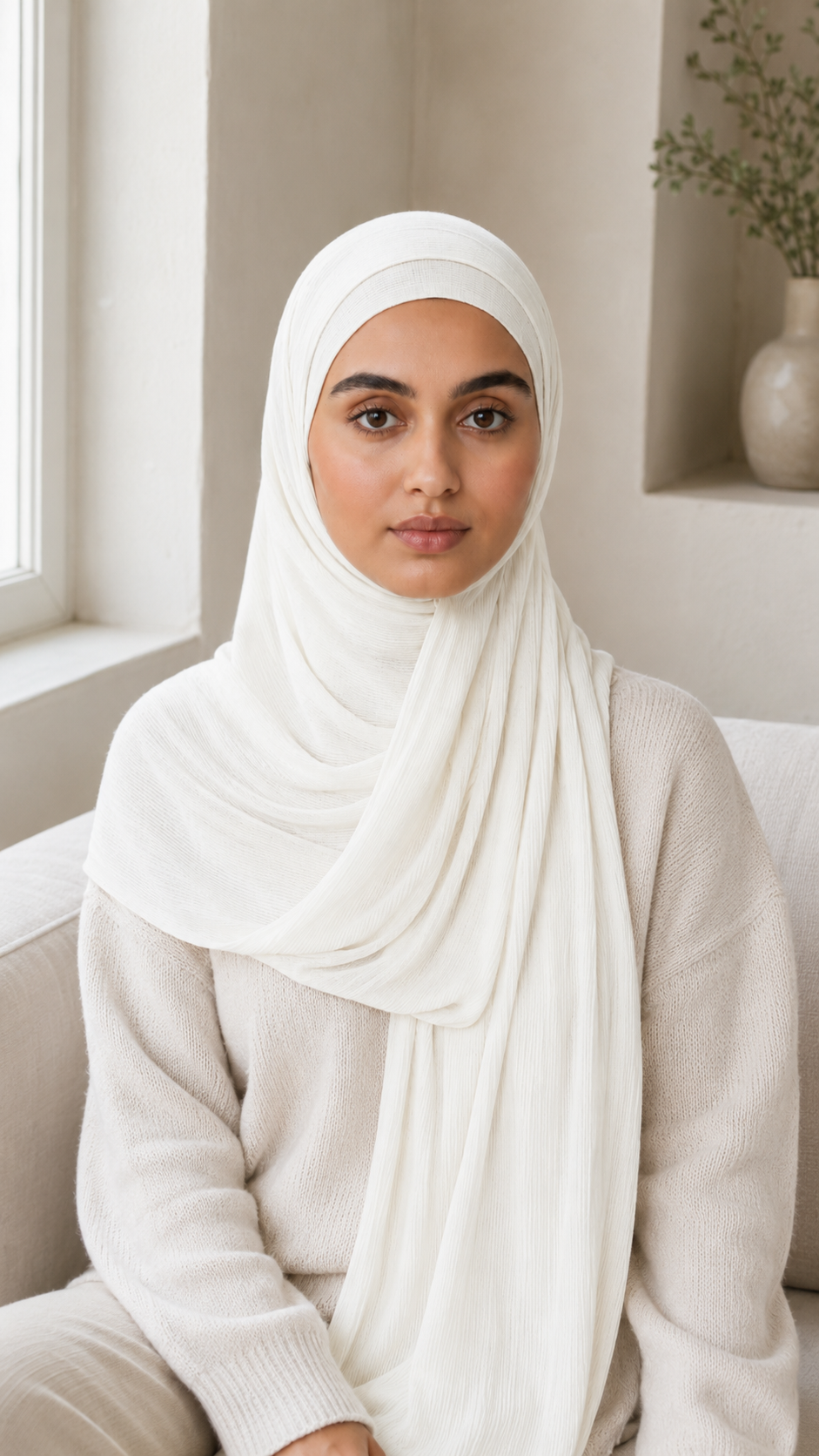 RY217 Ivory White Cotton Ribbed Jersey Hijab Scarf – Soft Stretch Breathable Headscarf