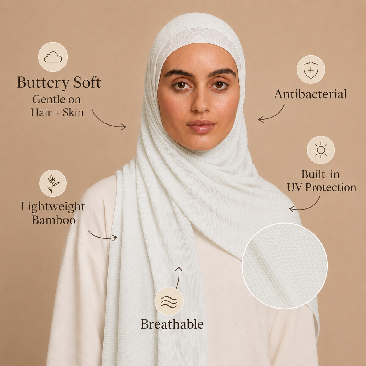 RY217 Ivory White Cotton Ribbed Jersey Hijab Scarf – Soft Stretch Breathable Headscarf