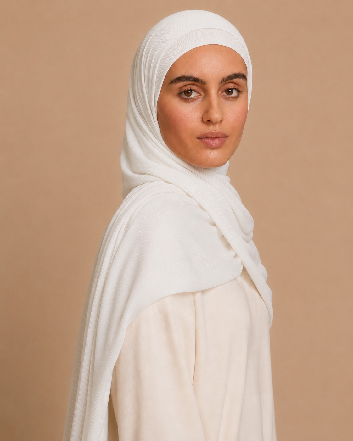 RY217 Ivory White Cotton Ribbed Jersey Hijab Scarf – Soft Stretch Breathable Headscarf