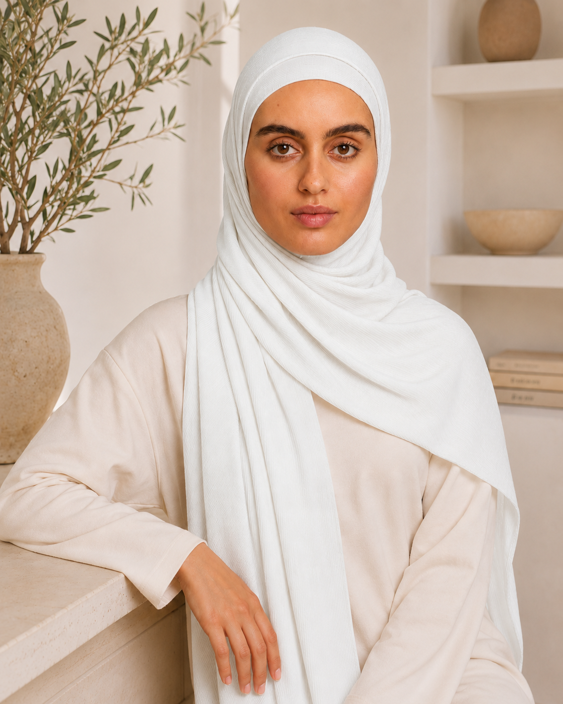 RY217 Ivory White Cotton Ribbed Jersey Hijab Scarf – Soft Stretch Breathable Headscarf