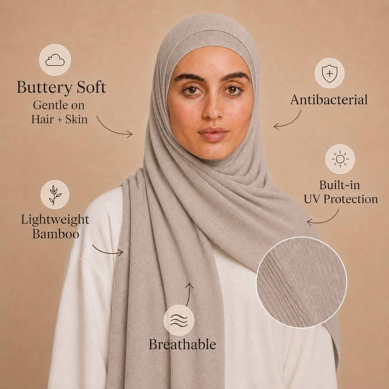 RY219 Stone Grey Cotton Ribbed Jersey Hijab Scarf – Soft Stretch Breathable Headscarf