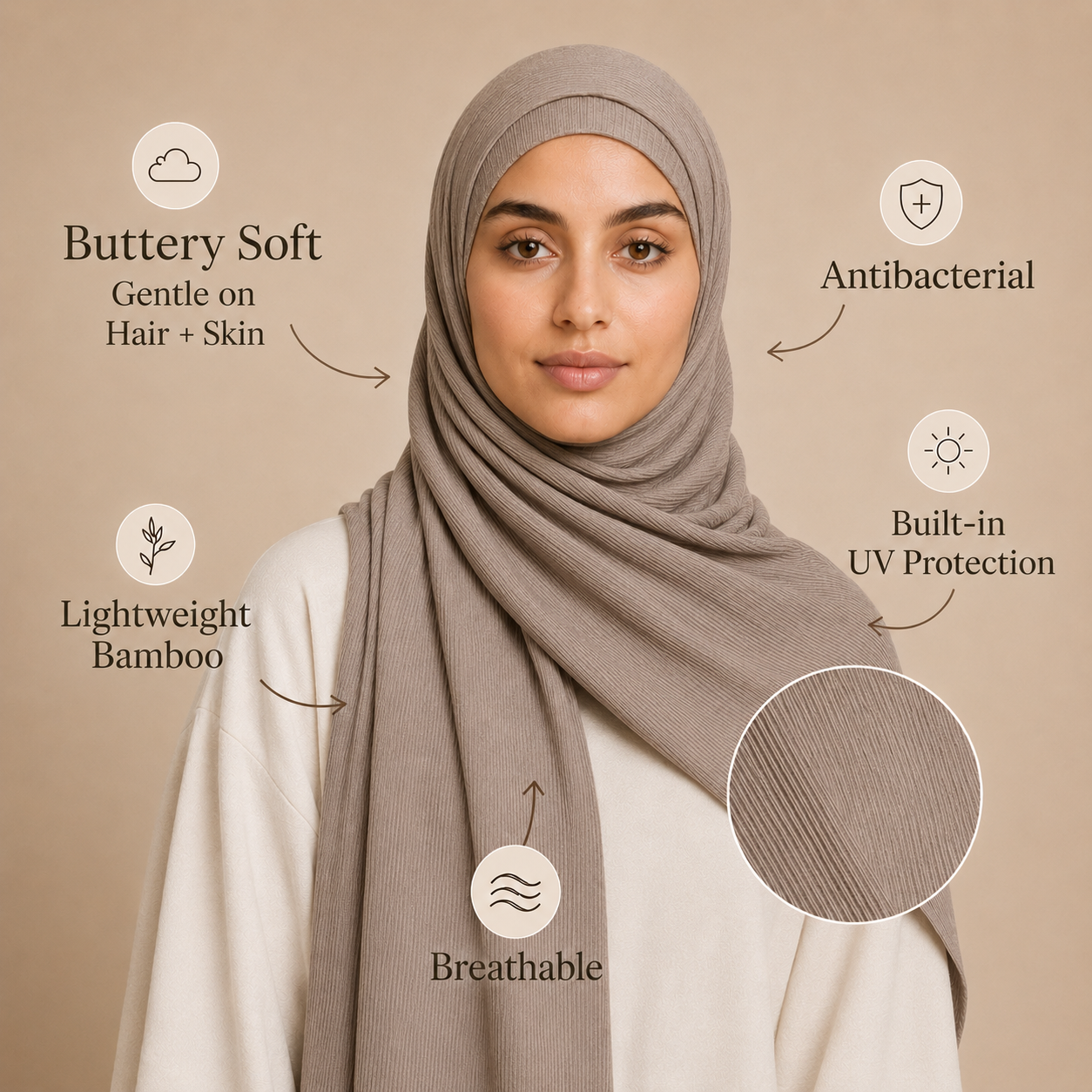 RY222 Mushroom Taupe Cotton Ribbed Jersey Hijab Scarf – Soft Stretch Breathable Headscarf