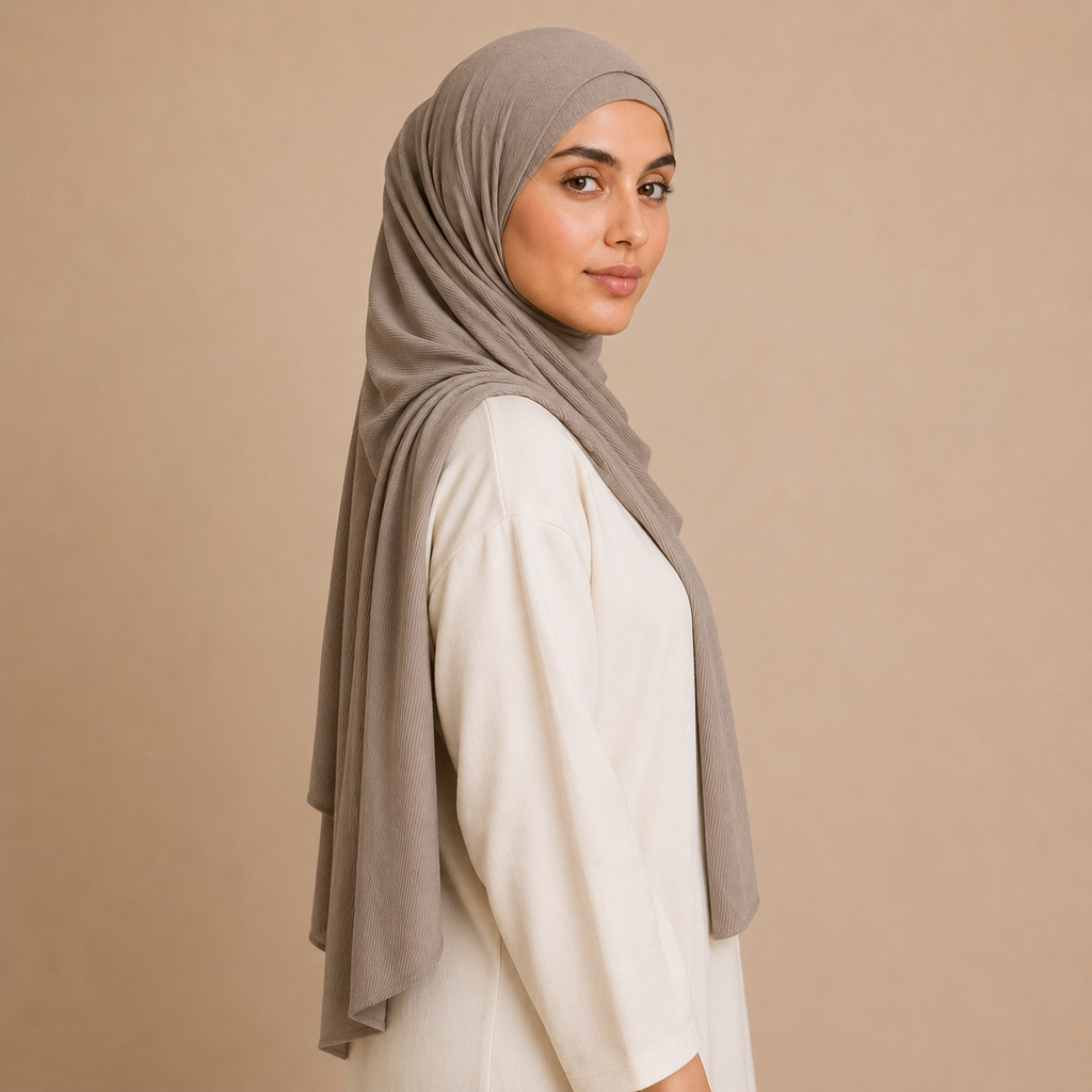 RY222 Mushroom Taupe Cotton Ribbed Jersey Hijab Scarf – Soft Stretch Breathable Headscarf