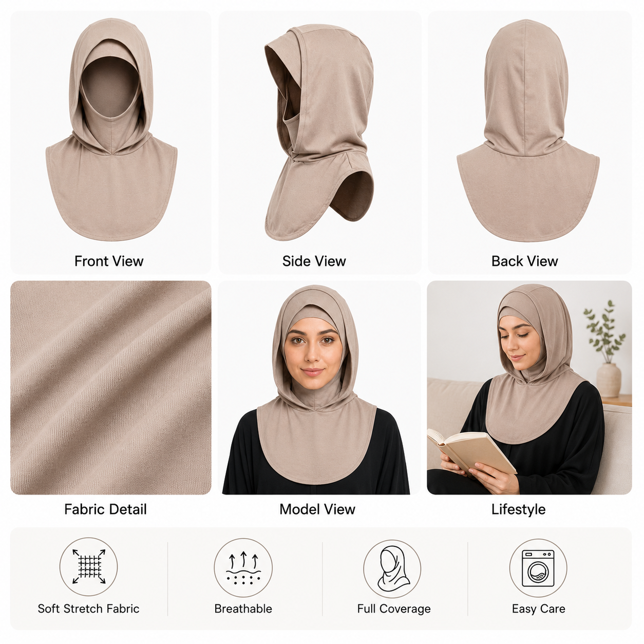 RY213 Cocoa Mercerized Cotton Full Coverage Hijab Cap – Sun Protection Headscarf