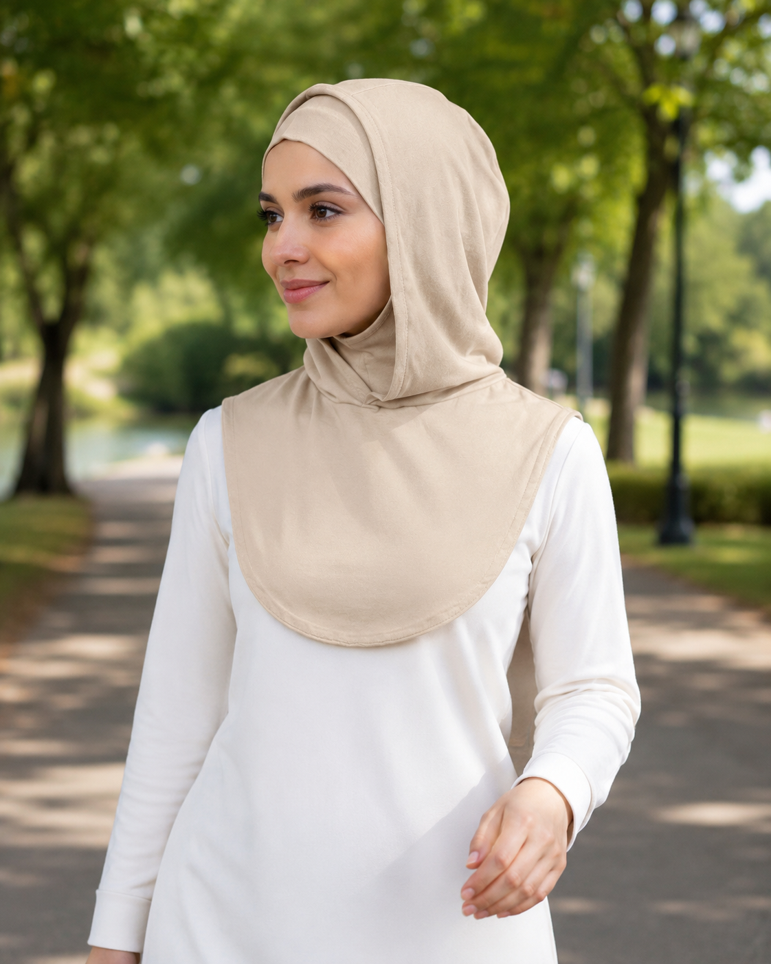RY215 Beige Mercerized Cotton Full Coverage Hijab Cap – Modest Sun Protection Headscarf for Muslim Women