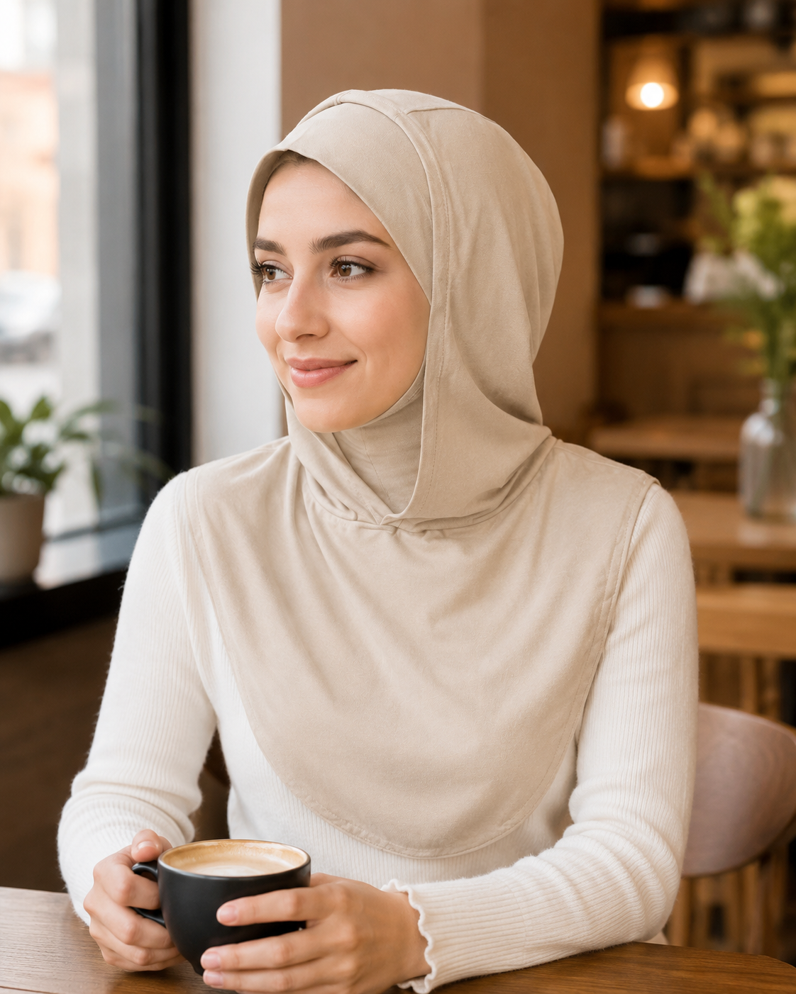 RY215 Beige Mercerized Cotton Full Coverage Hijab Cap – Modest Sun Protection Headscarf for Muslim Women