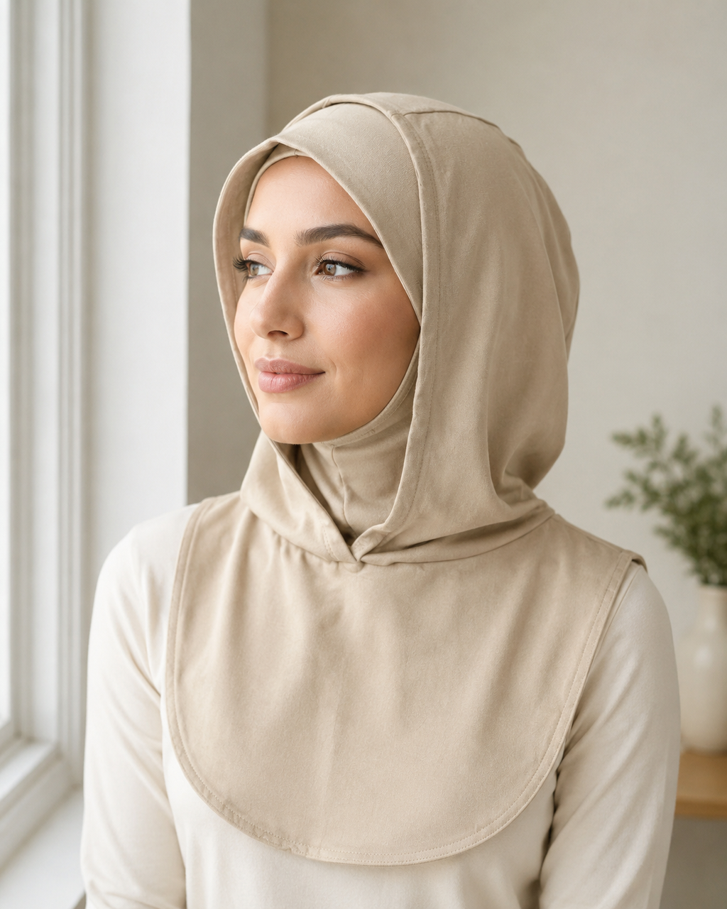 RY215 Beige Mercerized Cotton Full Coverage Hijab Cap – Modest Sun Protection Headscarf for Muslim Women