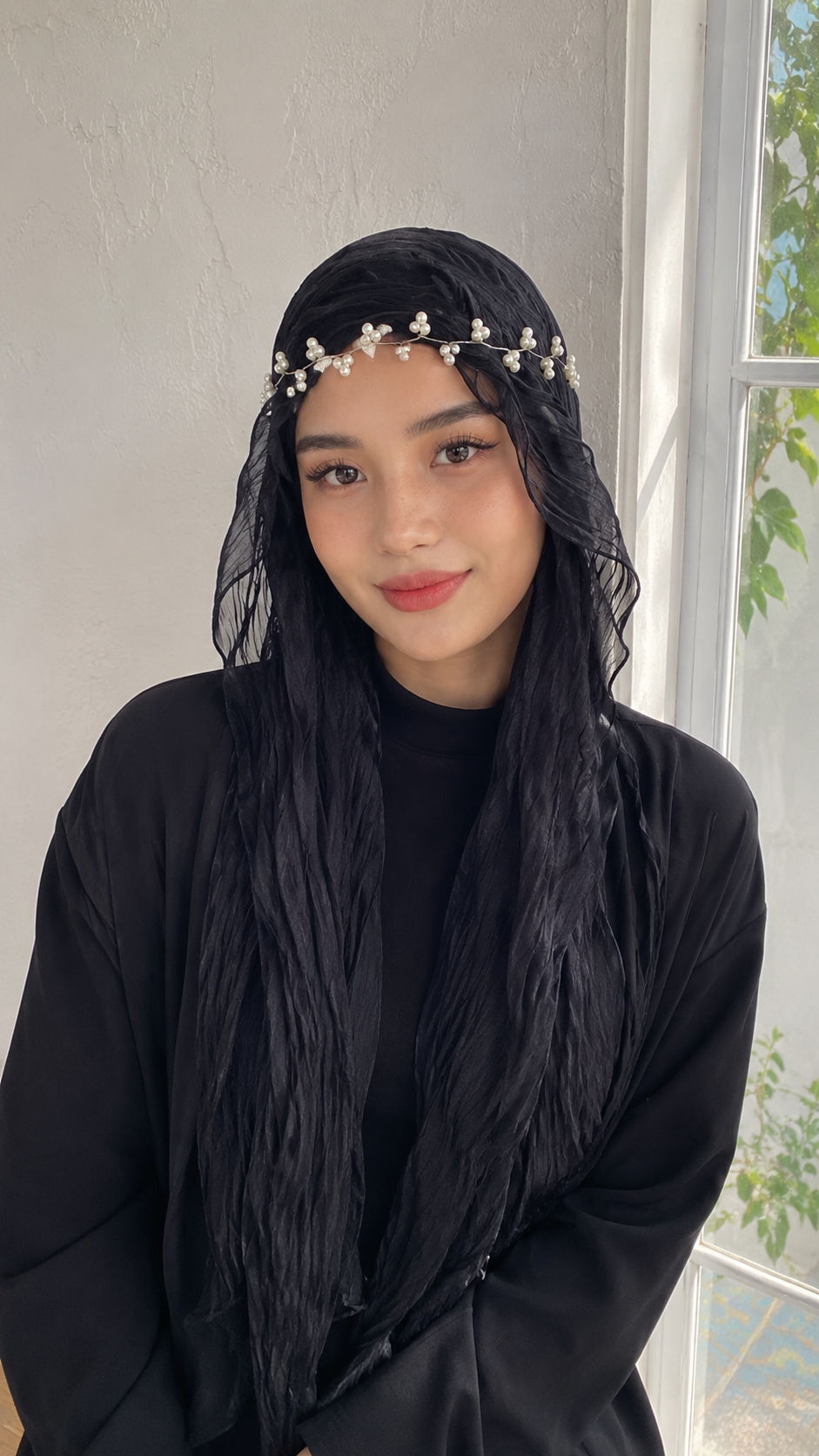 RY301 Black Glossy Crinkle Tulle Hijab Scarf – Lightweight Long Wavy Edge Headscarf