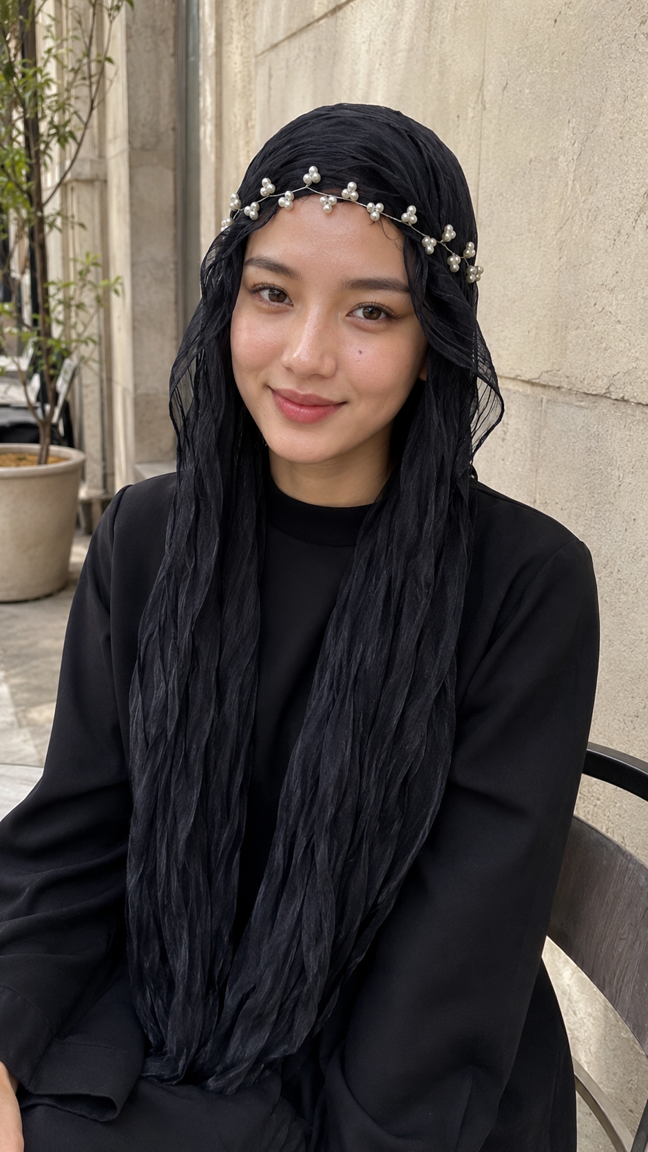 RY301 Black Glossy Crinkle Tulle Hijab Scarf – Lightweight Long Wavy Edge Headscarf