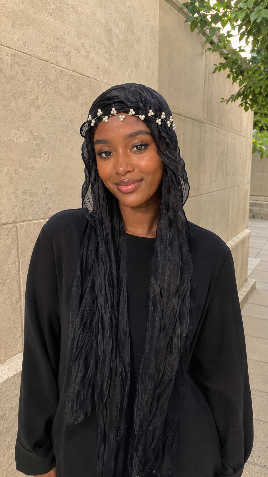RY301 Black Glossy Crinkle Tulle Hijab Scarf – Lightweight Long Wavy Edge Headscarf