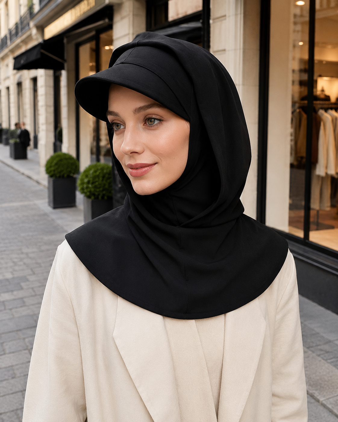 RY245 Black Full Coverage Hijab Cap with Visor – Modest Neck Cover