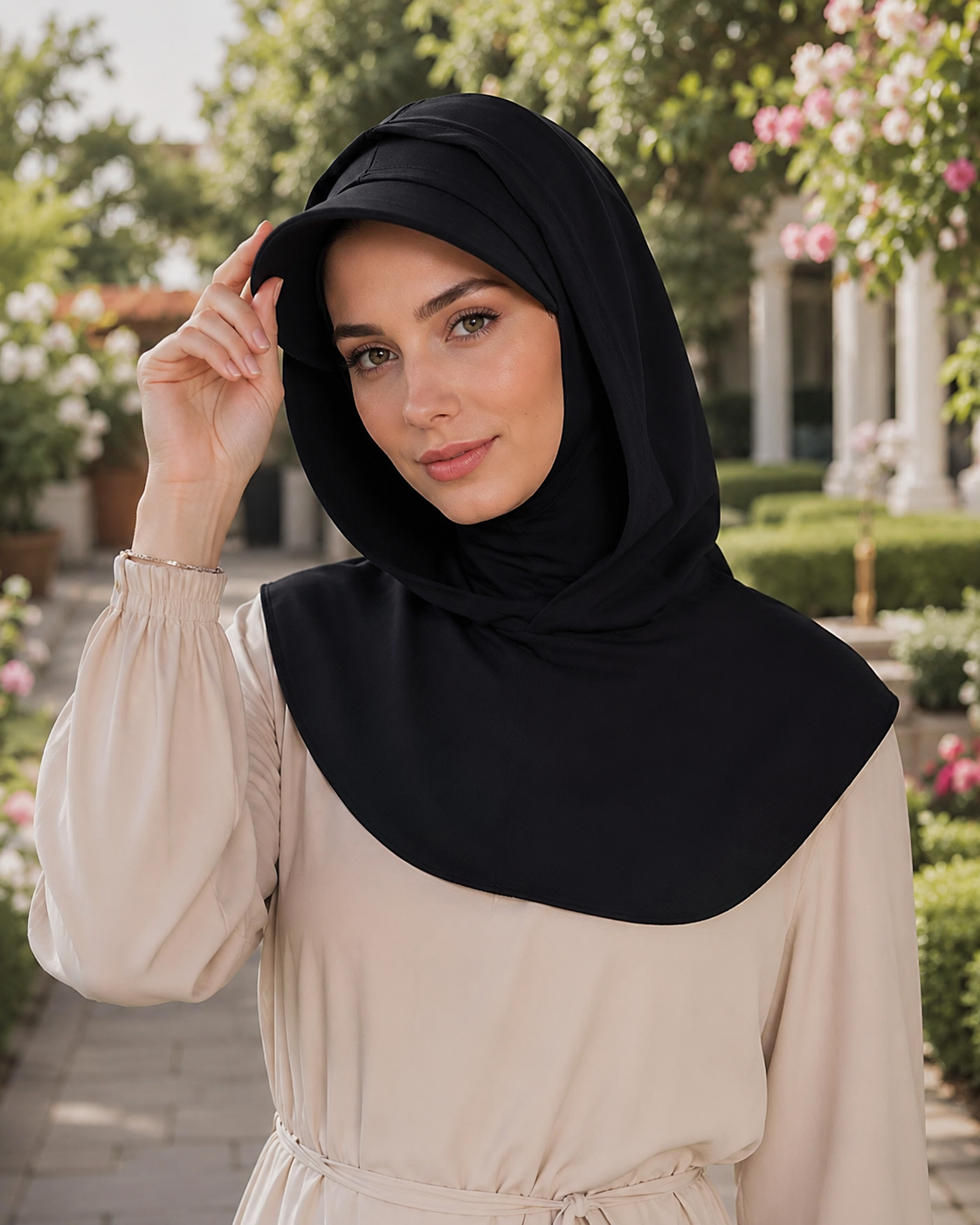 RY245 Black Full Coverage Hijab Cap with Visor – Modest Neck Cover