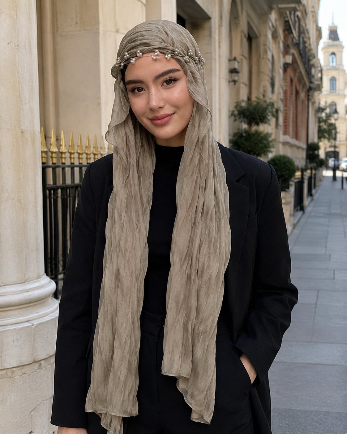 RY302 Light Taupe Crinkled Tulle Hijab Scarf – Glossy Stretch Breathable Headscarf